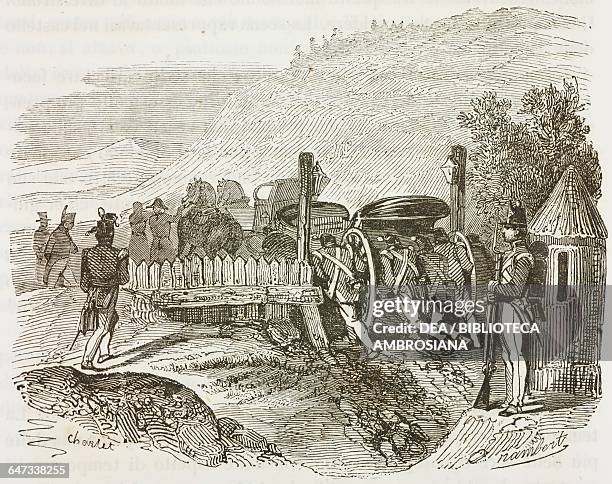 British soldiers pushing Napoleon Bonaparte's carriage out of a hole, St Helena Island, February 12 illustration from the first Italian edition of...