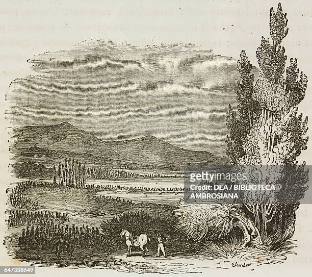 The French Army crossing a pontoon bridge over the Alpone river, 15 November 1796, Napoleon Bonaparte's First Italian Campaign, Napoleonic Wars,...
