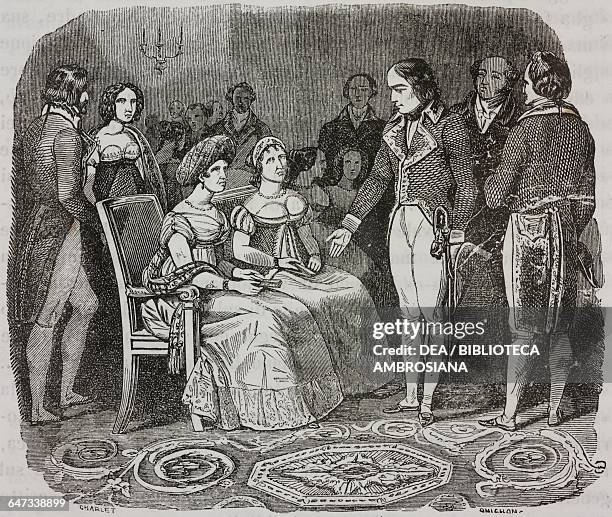 Napoleon Bonaparte in conversation with Madame de Stael during a reception in Paris, illustration from the first Italian edition of The Memorial of...