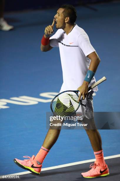 Nick Kyrgios of Australia reacts after winning the match between Novak Djokovic of Serbia and Nick Kyrgios of Australia as part of the Abierto...