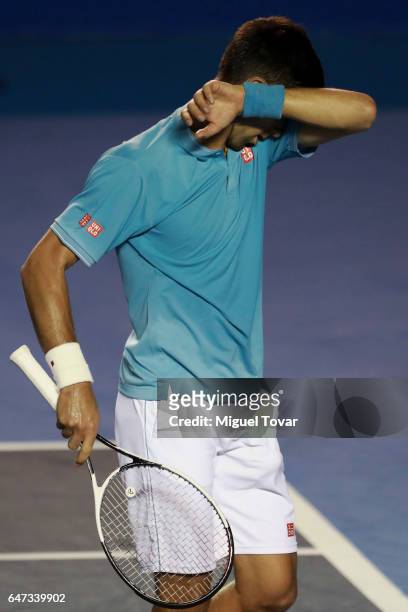 Novak Djokovic of Serbia reacts during the match between Novak Djokovic of Serbia and Nick Kyrgios of Australia as part of the Abierto Mexicano...