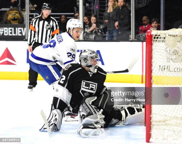 William Nylander of the Toronto Maple Leafs reacts as Jonathan Quick of the Los Angeles Kings makes a save for a 3-2 win in overtime shootout at...