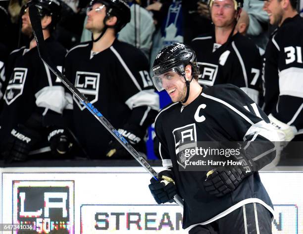 Anze Kopitar of the Los Angeles Kings reacts to his goal in overtime shootout on way to a 3-2 win over the Toronto Maple Leafs at Staples Center on...