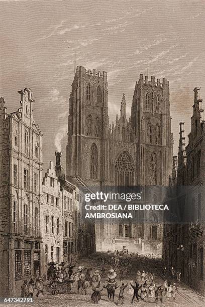 Cathedral of St Michael and St Gudula, Brussels, Belgium, engraving from a drawing by William Henry Bartlett from Vues de la Hollande et de la...