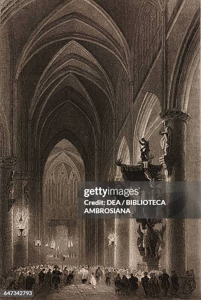 Interior of the Cathedral of St Michael and St Gudula, Brussels, Belgium, engraving from a drawing by William Henry Bartlett from Vues de la Hollande...