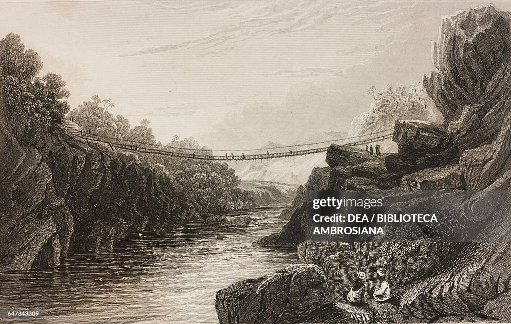 Indian Rope Bridge Rope bridge, Tehri Garhwal District, India, drawn by David Cox from ...