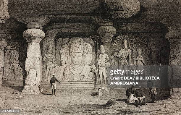 The Great Triad in the Cave Temple of Elephanta, bas relief, India, drawn by Prout from original sketches by Commander Robert Elliott, from Views in...