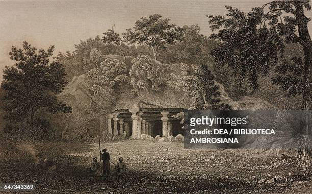 Entrance of the Cave Temple of Elephanta, bas relief, India, drawn by Purser from original sketches by Commander Robert Elliott, from Views in India,...