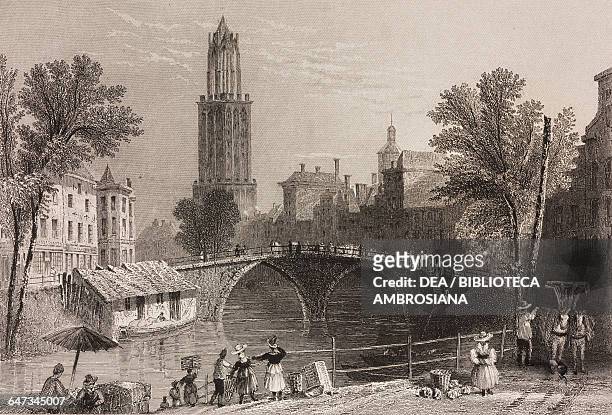 Bridge along a canal, Utrecht, Netherlands, engraving from a drawing by William Henry Bartlett from Vues de la Hollande et de la Belgique by Nicolaas...