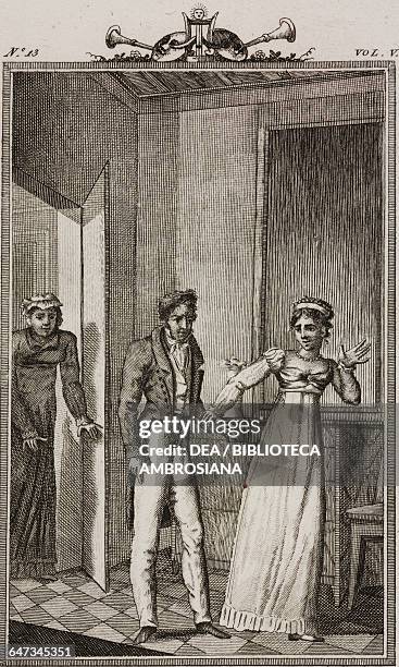 Cecilia taking Anzoletto by the hand, engraving by Marco Zuliani, from The new house, Act III, Scene 9, Comedies, Volume 5 by Carlo Goldoni .