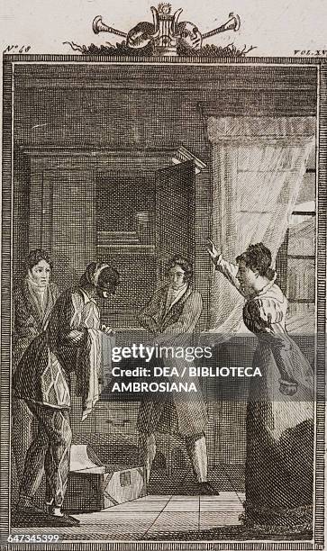 Florindo and Rosaura giving orders to Harlequin, engraving by G Zuliani from a drawing by G Steneri, from Punctilious Ladies, Act II, Scene 4,...