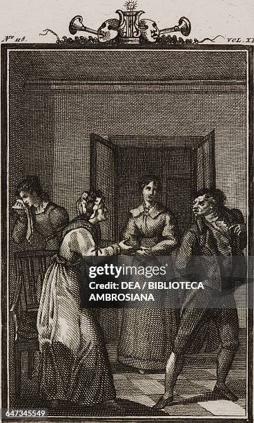 Dorotea, Fabrizio and Valentina, engraving by Giovanni Zuliani from a drawing by G Steneri, from The Housekeeper, Act III, Scene 6, Comedies, Volume...