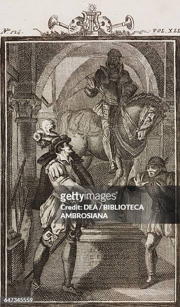 Don Juan Tenorio turning to the Commendatore of Loyola's statue, engraving by Giovanni Zuliani from a G Steneri drawing, from Don Juan Tenorio, Act...