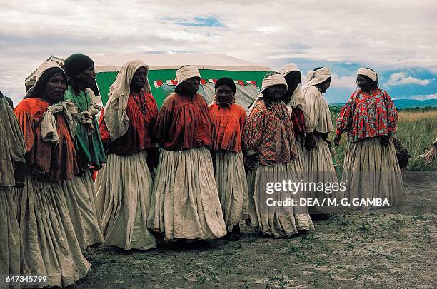 Tarahumara women wearing traditional clothes, Sierra Madre Occidental, Mexico.