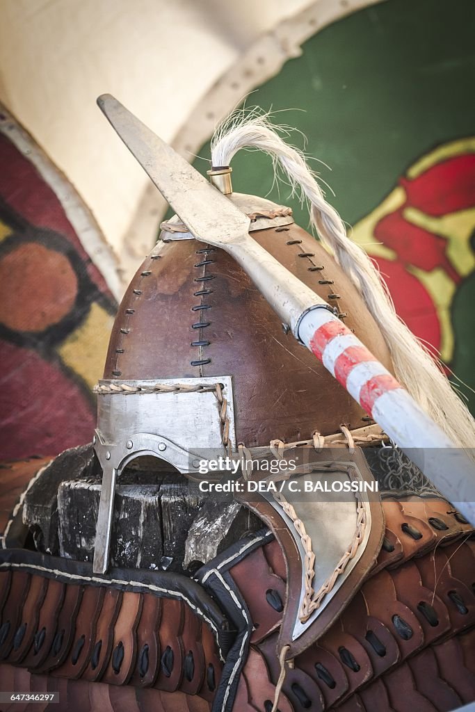 Lombard warrior's spear, helmet and armor