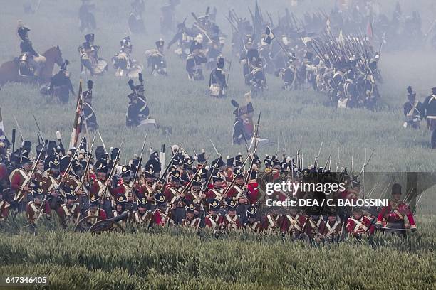 British riflemen, Battle of Waterloo, 1815. Napoleonic Wars, 19th century. Historical reenactment.