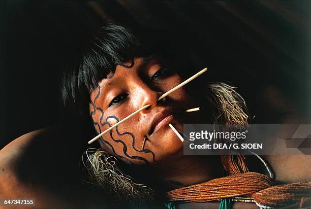 Young Yanomami woman with fine palm sticks through her face, traditional symbols of beauty, The Amazon rainforest, Venezuela.