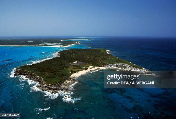 Aerial view of Booby Cay, with Conception island in the background, Bahamas.