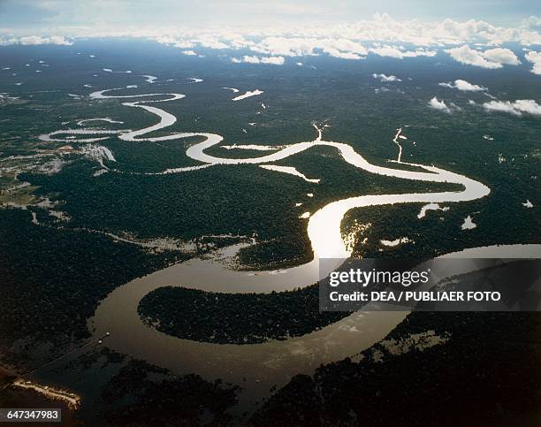 Bends in the Amazon River, aerial view, Peru.