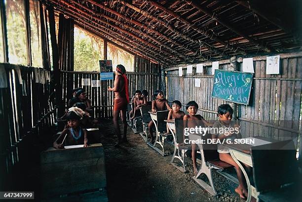 Yanomami children at their school desks, The Amazon rainforest, Venezuela.