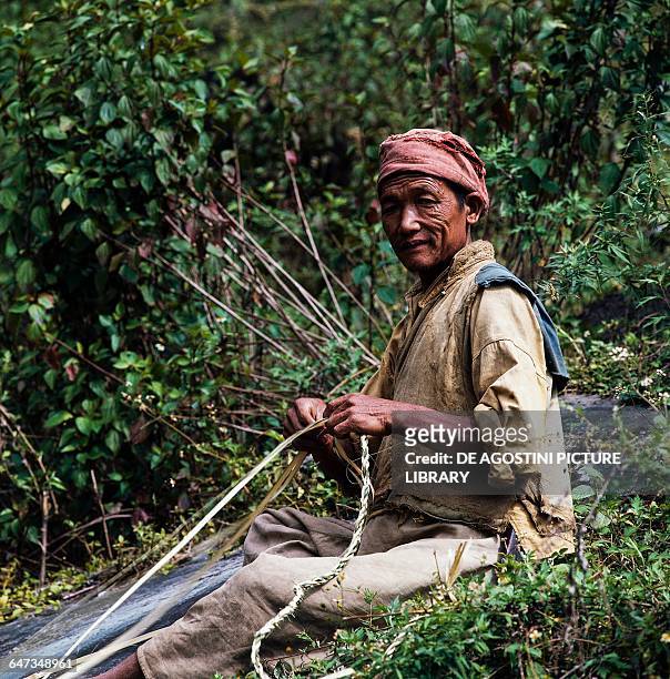 Man sitting amongst the vegetation plaiting vegetable fibers, Sikkim, India.