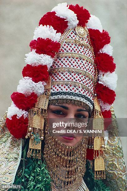 Yemeni bride's headdress, detail of a traditional robe, Israel.