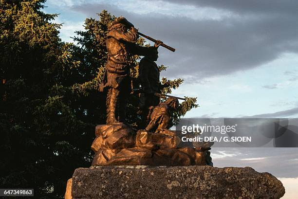 William Clark, Meriwether Lewis and Sacagawea, bronze statue by Robert Bob Macfie Scriver , Fort Benton, Charlie Russel Country, Montana, United...
