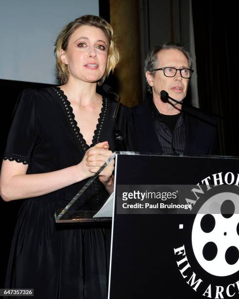 Greta Gerwig and Steve Buscemi attend The Anthology Film Archives Benefit and Auction at Capitale on March 2, 2017 in New York City.