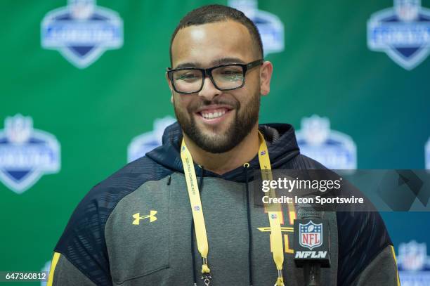 San Diego State offensive lineman Nico Siragusa answers questions from the podium during the NFL Scouting Combine on March 2, 2017 at Lucas Oil...