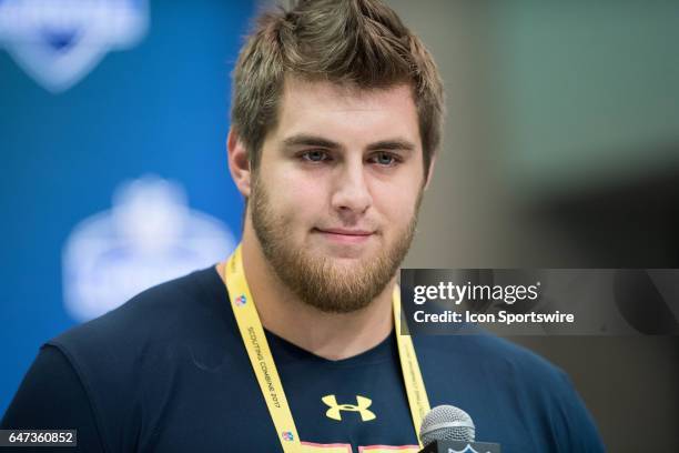 Western Kentucky offensive lineman Forrest Lamp answers questions from the podium during the NFL Scouting Combine on March 2, 2017 at Lucas Oil...