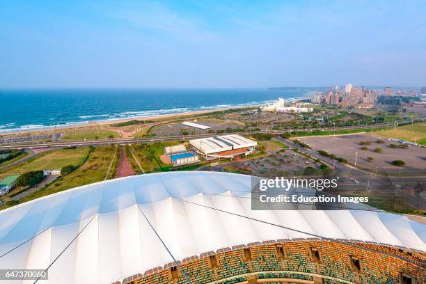 View of the Sun Coast Casino and Durban Beachfront from the top of the arch of MM stadium or Moses Mabhida Stadium, Durban or eThekwini, KwaZulu...