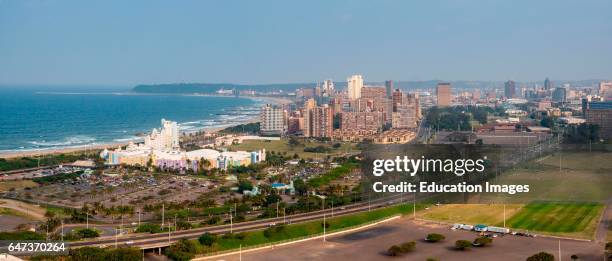 View of the Sun Coast Casino and Durban Beachfront from the top of the arch of MM stadium or Moses Mabhida Stadium, Durban or eThekwini, KwaZulu...