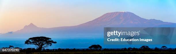 Mt Kilimanjaro and Mt Mawenzi, in Tanzania, on the left from Satao Elerai Conservancy, Near Amboseli National Park, Kenya.