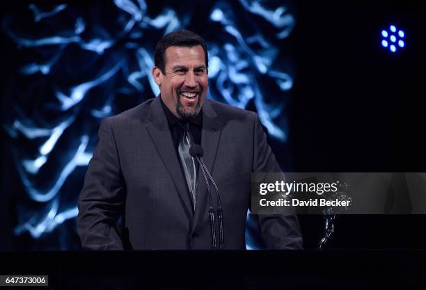 Referee John McCarthy accepts his Referee of the Year award during the ninth annual Fighters Only World Mixed Martial Arts Awards at The Venetian Las...