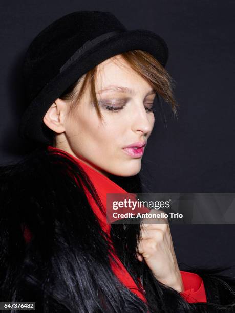 Model Georgina Stojiljkovic is seen backstage ahead of the Giorgio Armani show during Milan Fashion Week Fall/Winter 2017/18 on February 27, 2017 in...