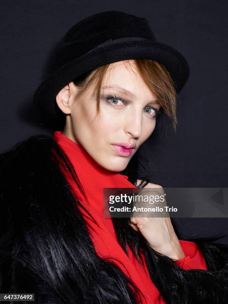 Model Georgina Stojiljkovic is seen backstage ahead of the Giorgio Armani show during Milan Fashion Week Fall/Winter 2017/18 on February 27, 2017 in...