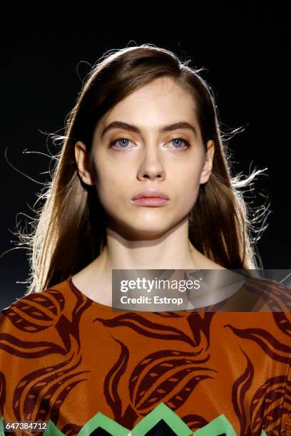 Hairstyle detail at the runway during the Dries Van Noten show as part of the Paris Fashion Week Womenswear Fall/Winter 2017/2018 on March 1, 2017 in...