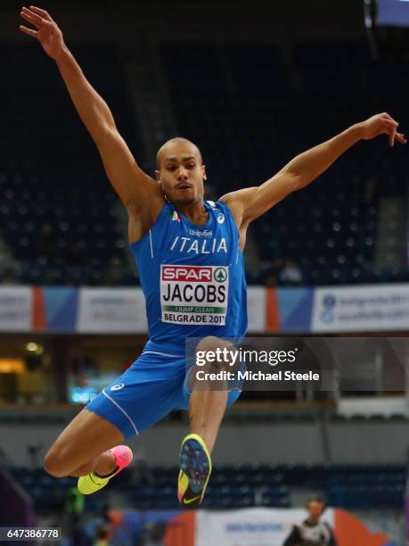 Lamont Marcell Jacobs of Italy competes in the Men's Long Jump qualification on day one of the 2017 European Athletics Indoor Championships at the...