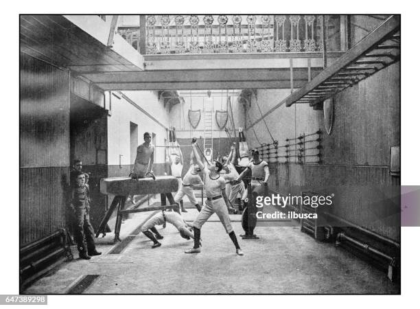 stockillustraties, clipart, cartoons en iconen met antieke londense foto's: exeter hall gymnasium - 1900 london