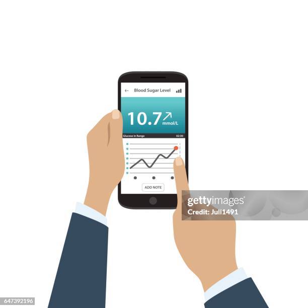 app on phone to check blood sugar levels. phone in male hands. - glucose chart stock illustrations