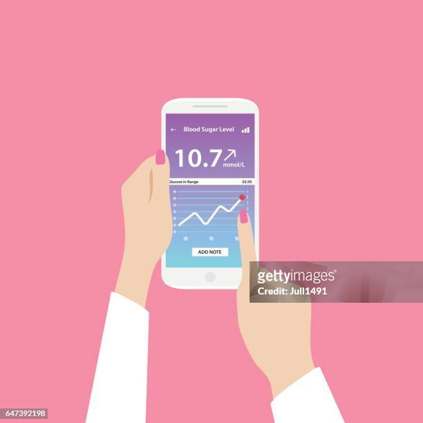 app on phone to check blood sugar levels. phone in female hands. the pink background. - blood sugar test stock illustrations