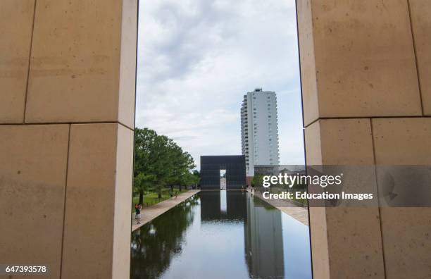 Oklahoma City Oklahoma OK, OKC, historical disaster OKC bombing reflection lake at OKC Bombing Memorial that happened on April 19, 1995.
