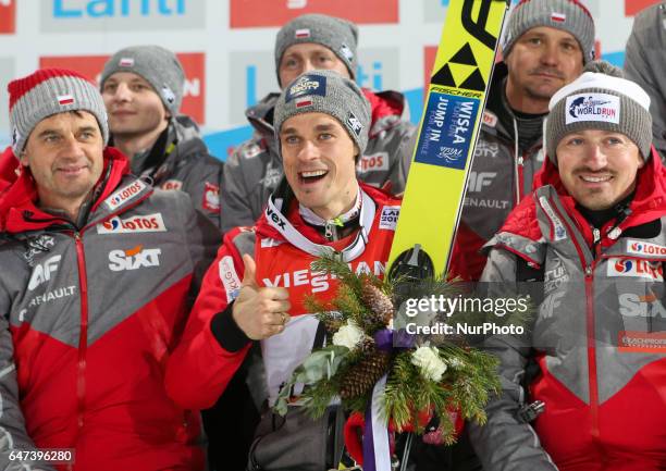 Trener Stefan Horngacher, Piotr Zyla , Adam Malyszduring the Men's Ski Jumping HS130 at the FIS Nordic World Ski Championships on March 2, 2017 in...