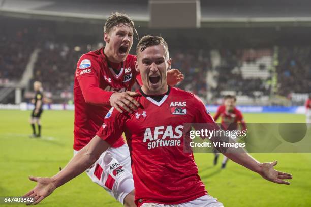 Wout Weghorst of AZ Alkmaar, Stijn Wuytens of AZ Alkmaarduring the Dutch Cup semi final match between AZ Alkmaar and sc Cambuur Leeuwarden at AFAS...