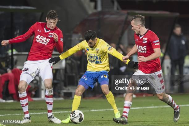 Wout Weghorst of AZ Alkmaar, ,Tarik Tissoudali of SC Cambuur Leeuwarden, Stijn Wuytens of AZ Alkmaarduring the Dutch Cup semi final match between AZ...