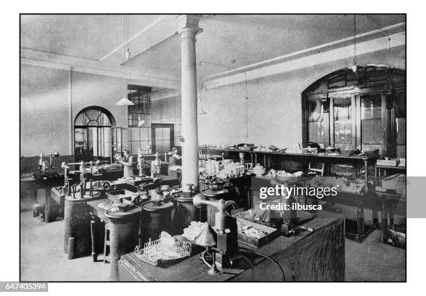 antique london's photographs: goldsmith hall, the assay office - science lab stock illustrations