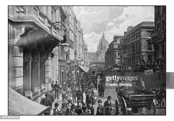 stockillustraties, clipart, cartoons en iconen met antieke londense foto's: fleet street - 1900 london