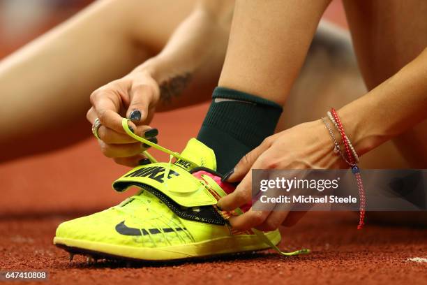 Paraskevi Papahristou of Greece ties her laces prior to the Women's Triple Jump qualification on day one of the 2017 European Athletics Indoor...