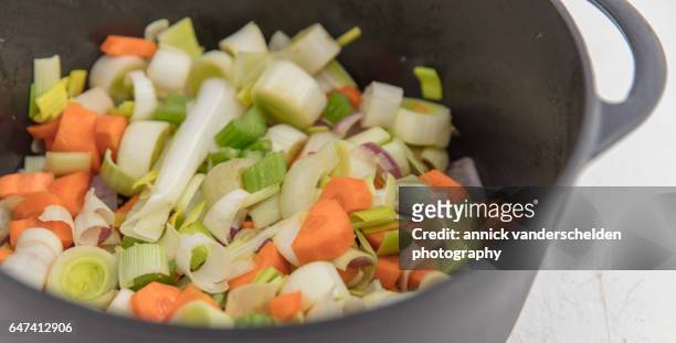 chopped stew vegetables in casserole. - celery soup stock pictures, royalty-free photos & images