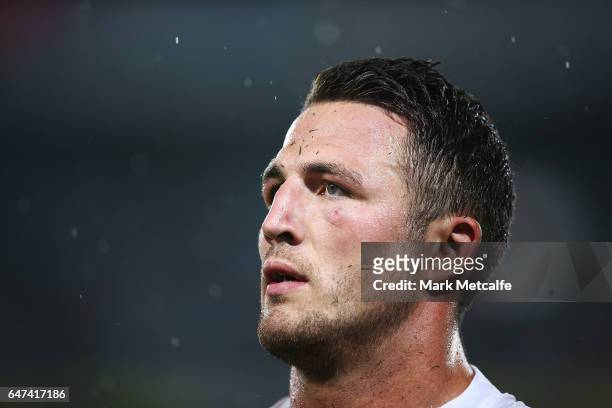 Sam Burgess of the Rabbitohs walks from the field after defeat in the round one NRL match between the South Sydney Rabbitohs and the Wests Tigers at...